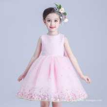 sleeveless flowers girl wedding elegant satin o-neck kids dress waist bow flower dresses